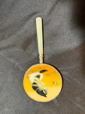 Vintage Handheld Mirror Jade Handle Kitten Picture 3.25"