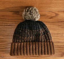 Kids One Size Beanie Winter Hat Acrylic Wool Brown Black Faux Fur Lining Pom
