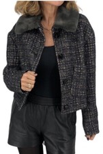 Luisa Cerano Stunning £430 Tweed Crop Jacket Grey Faux Fur Sz Uk 14 Jacket