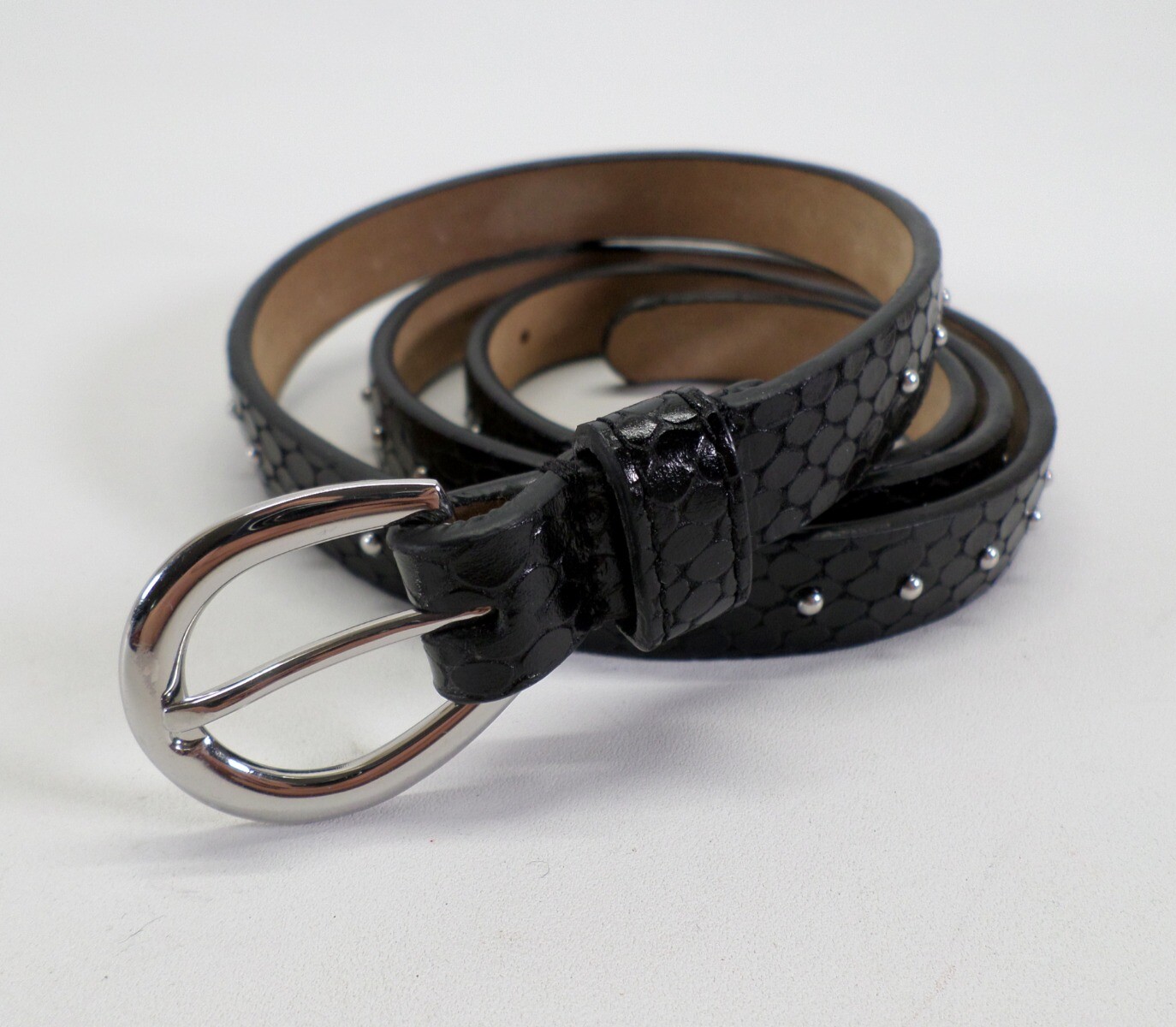 Talbots Black Snake Print Studded Skinny Leather Belt Size 34 M-image