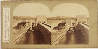 PAYS DE GALLES UK Conwy Eisenbahnbrücke WALES Foto Stereo Vintage Albumin c1860