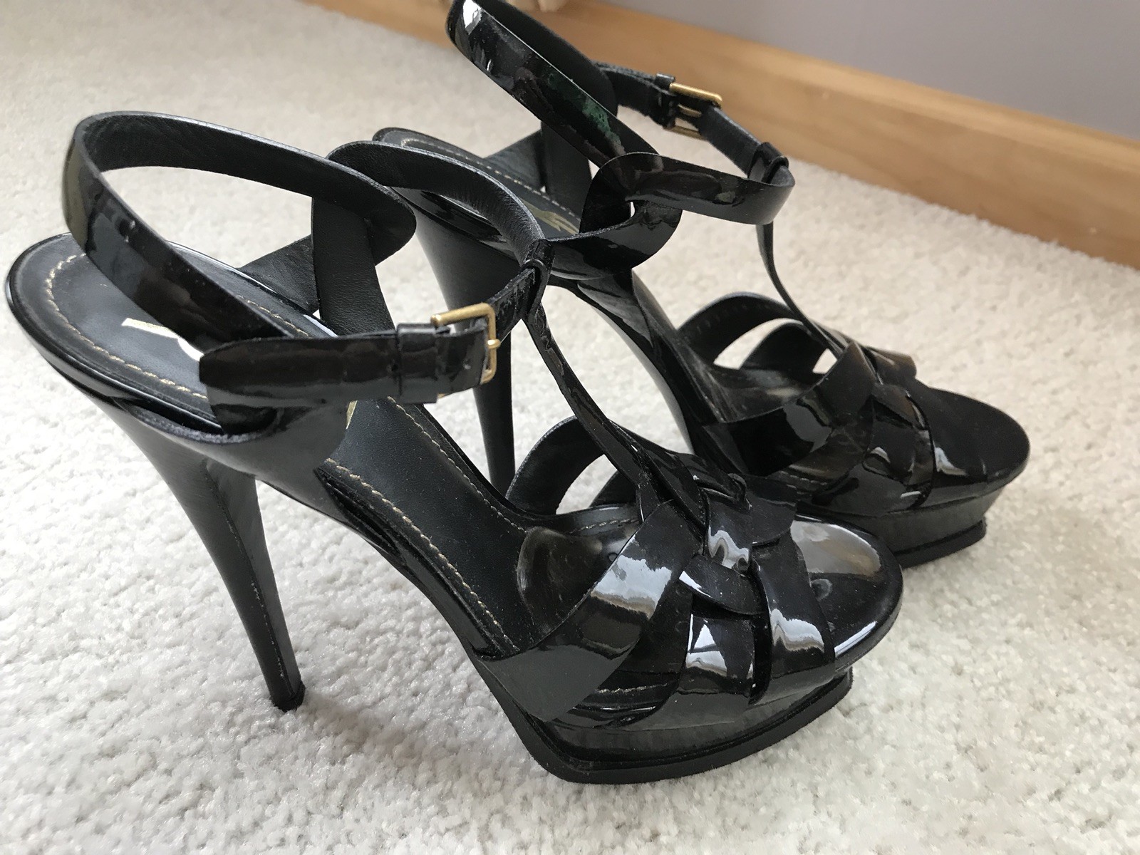 SAINT LAURENT Sandalo EUC YSL autentico donna tributo cinturino a T plateau in pelle verniciata 38 1 2