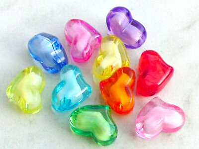 10 Acryl Perlen Herz 21x15mm Transparent Bunt Farben Mix Schmuck Deko Basteln