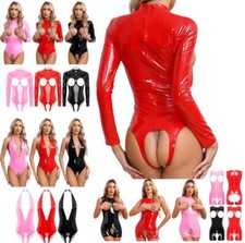 Women's Patent Leather Hollow Out Bodysuit Leotard Open Crotch Teddy Catsuits