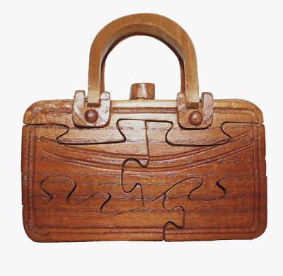 ARTISAN CRAFTED Mini Cherry Wood Purse Puzzle Sculpture 2 3/8 x 4''