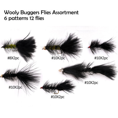 12 Esche Mosca Woolly Buggers - Misura 8/10, Nero, Rosso E Verde Oliva, Per Trota