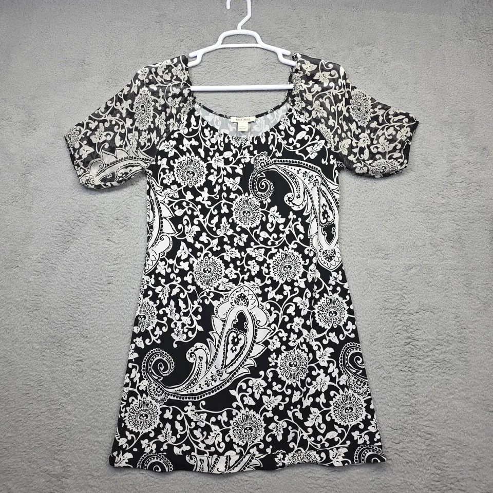 Vestido WHBM Para Mujer L Negro Seda Gasa Manga Floral Paisley Boho Túnica Artística Foto 3 de 4