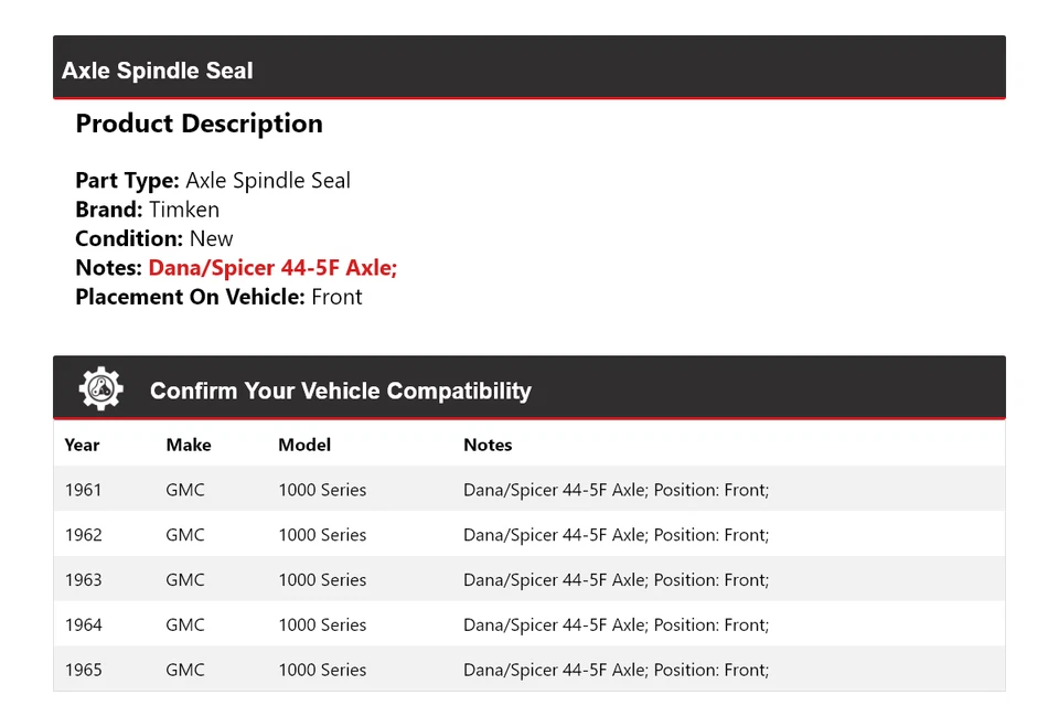 Sello de eje delantero Timken 1962 1963 1964 para GMC serie 1000 1961-1965 Foto 2 de 4