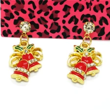 Hot Red Enamel Cute Christmas Bell Crystal Fashion Gift Women Stand Earrings