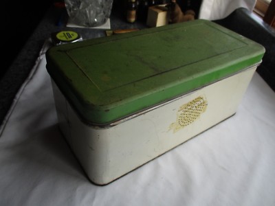 Vintage Metal Bread Box Keeper FUNKY PATINA Green Cream Antique