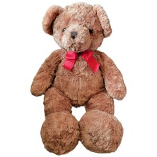 Brown Teddy Bear Plush 20" Wavy Hair With Red Bow Very Soft And Cuddly