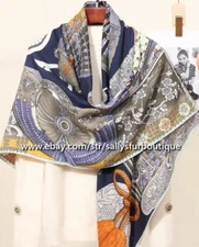 70% Cashmere & 30% Silk Wrap Scarf Samurai Print Double Face Square Shawl 135cm