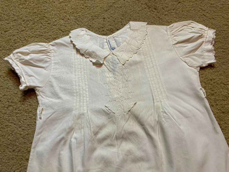 Vintage 40s Handmade Baby Christening Baptismal Romper White Cotton Embroidery - Image 2 of 4