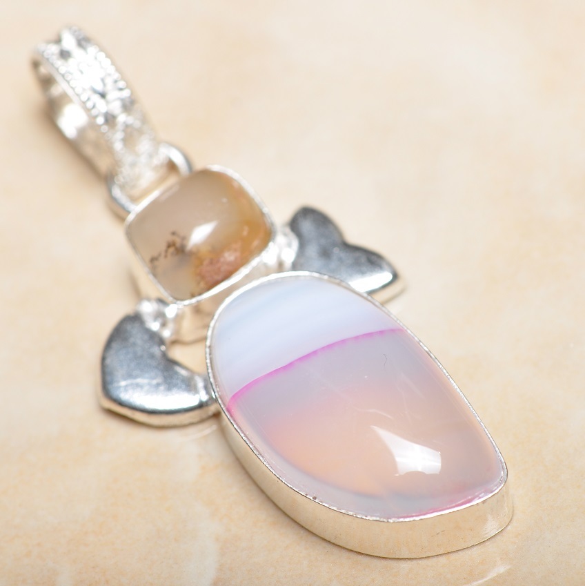 Pendentif En Argent 925 Fait Main - Agate Du Botswana, Onyx, Jaspe - Longueur 2 Pouces - Neuf