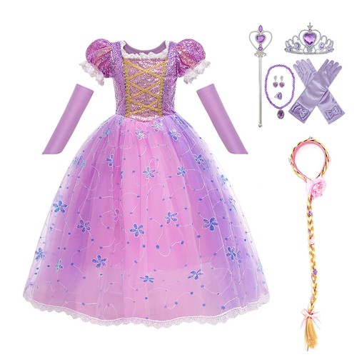 Girls Tangled Rapunzel Fancy Dress Costume Princess Birthday Party Kids Outfits - Picture 14 of 19