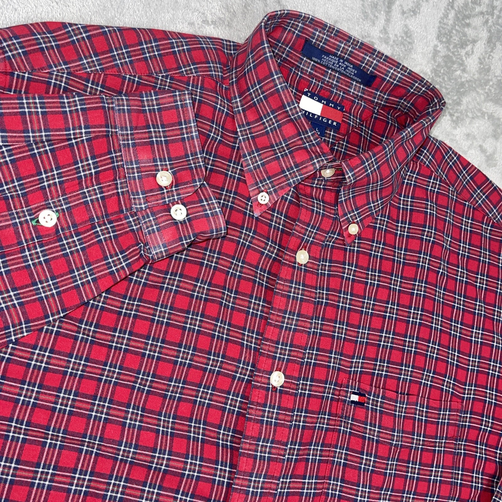 Tommy Hilfiger Large Vintage Oxford Shirt Red blue Plaid Cotton Button Down