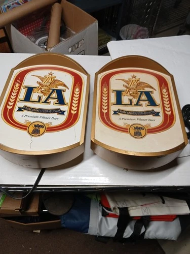 TWO Vintage Anheuser-Busch LA BEER Lighted Bar Signs 1984