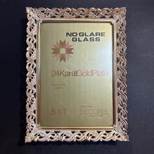 PHOTO FRAME Vtg 1960's Metal Floral Gold-White Filigree Tabletop 8"x10" Pic A28