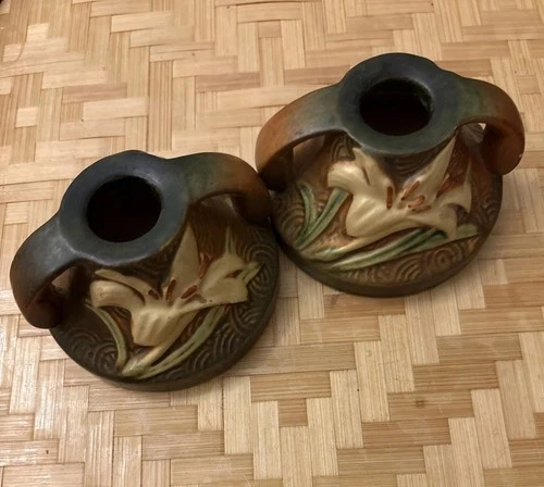 Roseville Zephyr Lily Brown 1946 Vintage Art Pottery Candlestick Holders 1162-2"