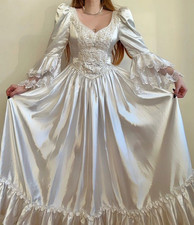 Victorian Satin Wedding Dresses Long Puffy Sleeve V Neck Mid Century Bridal Gown