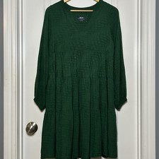 Maeve Anthropologie Emerald Green Long Sleeve Tiered V-Neck Babydoll Mini Dress