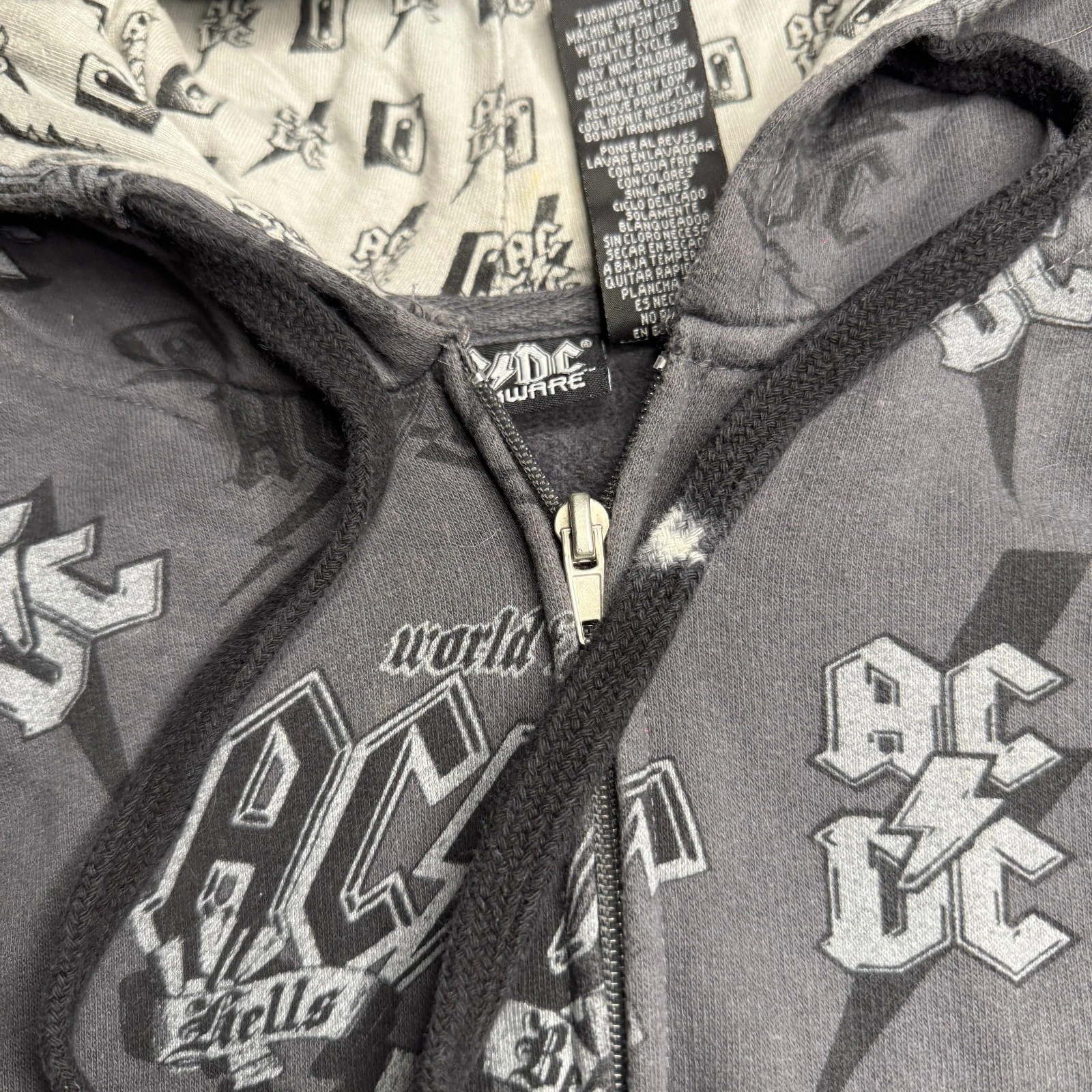 AC/DC Mens XL Rockware Gray Full Zip Hoodie Jacket Y2K AOP Rock Band Grunge image 5