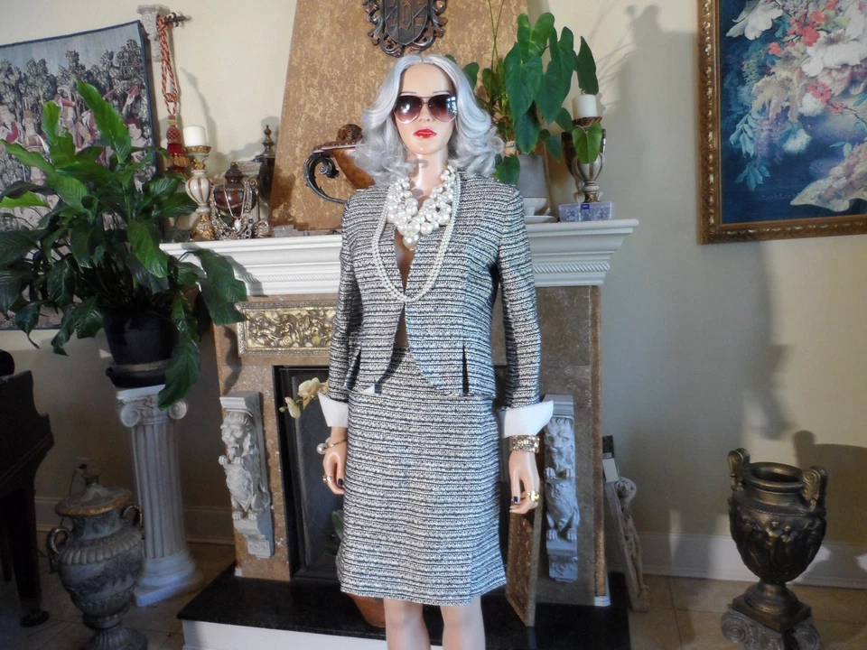 Balenciaga Париж черный/слоновой кости Твидовая юбка костюм w/сырые края отделки детали размер 40-8 - Изображение 2 из 4