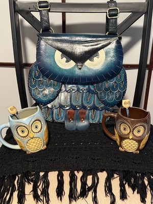 Vintage Leather Hand Crafted Owl Purse And Owl Coffee Mugs