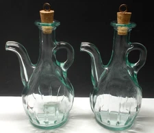 Oil and Vinegar Ribbed Glass Jugs Pitchers Light Green Cruets 6 5/8" Tall