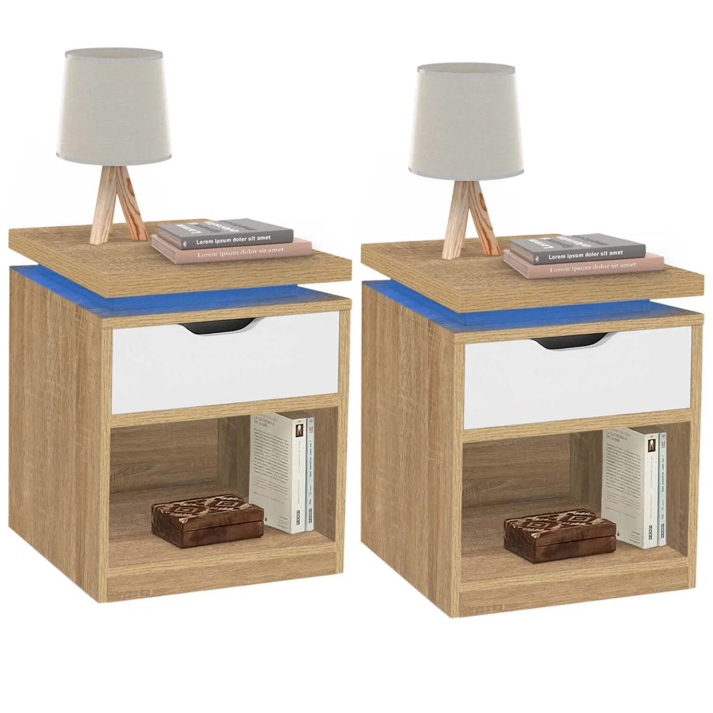 Table de chevet LUNA 1 tiroir avec niche en bois bicolore pour rangement de lit