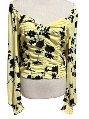 Open Edit Women s Med Ruched Smock Back Crop Top Yellow Elfin Wind Floral