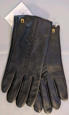 NWT Etienne Aigner Womens Black Leather Gloves Gold Horseshoe Logo Lined Size M