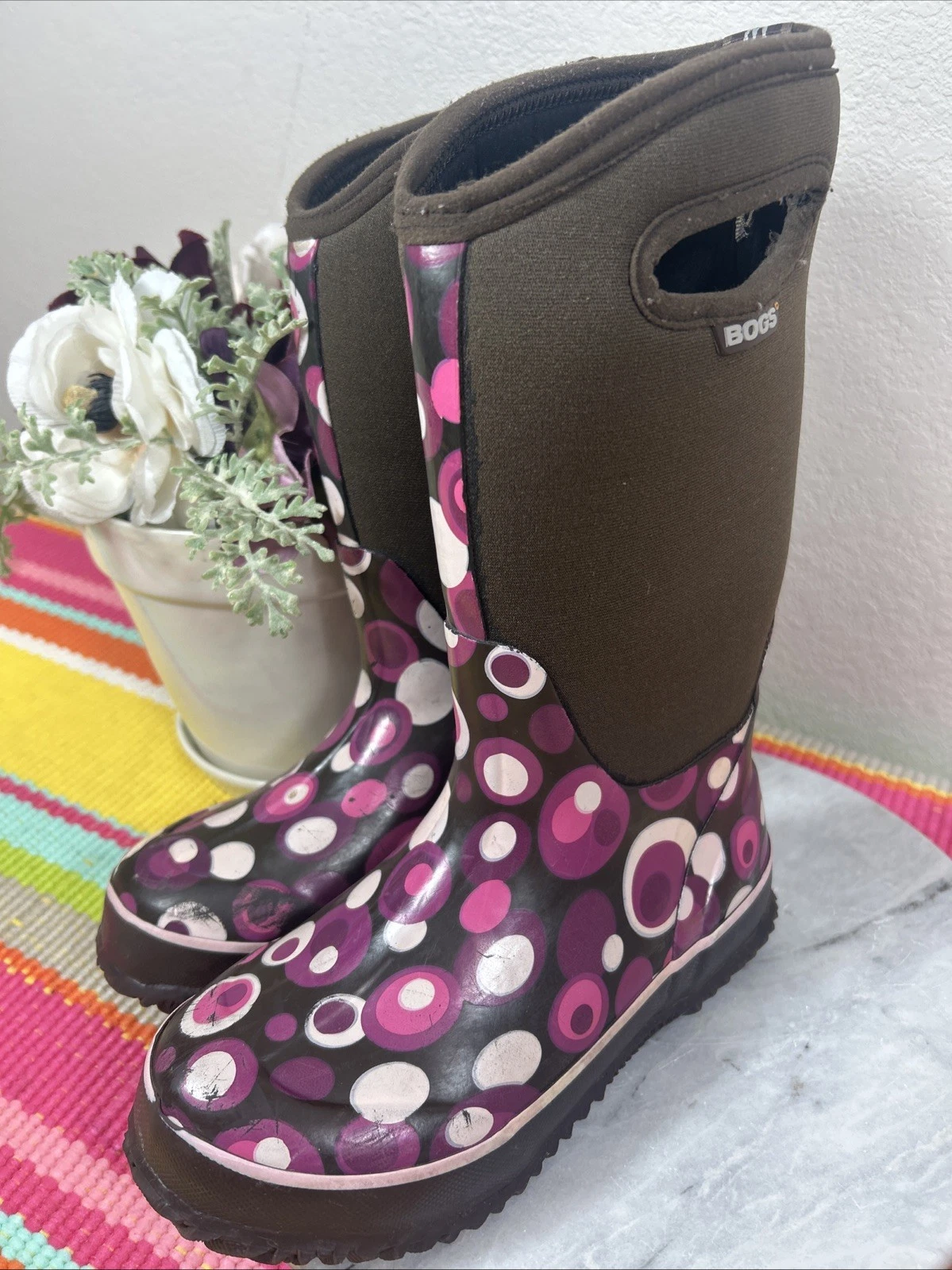 Bogs Classic High Bubbles Rain Snow Mud Pull On Purple Brown Boots Kids Size 2