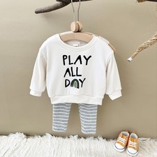 Baby Boys Girls Letter Print Crewneck Long Sleeve Grey Striped Trousers Set