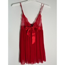 Victoria's Secret Red Lace Pleated Babydoll Chemise Lingerie XS Bow Detail