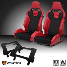 Fits 1979-1998 Ford Mustang Reclinable Racing Seats Red PU Black Suede+Brackets