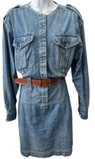 Vtg 80s FADS Denim Dress 12 Belt Cotton Blue Pockets Sleeves Belt Punk Rocker