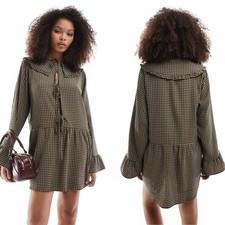 ASOS DESIGN pie crust collar tie front mini dress in khaki gingham Size XS Women