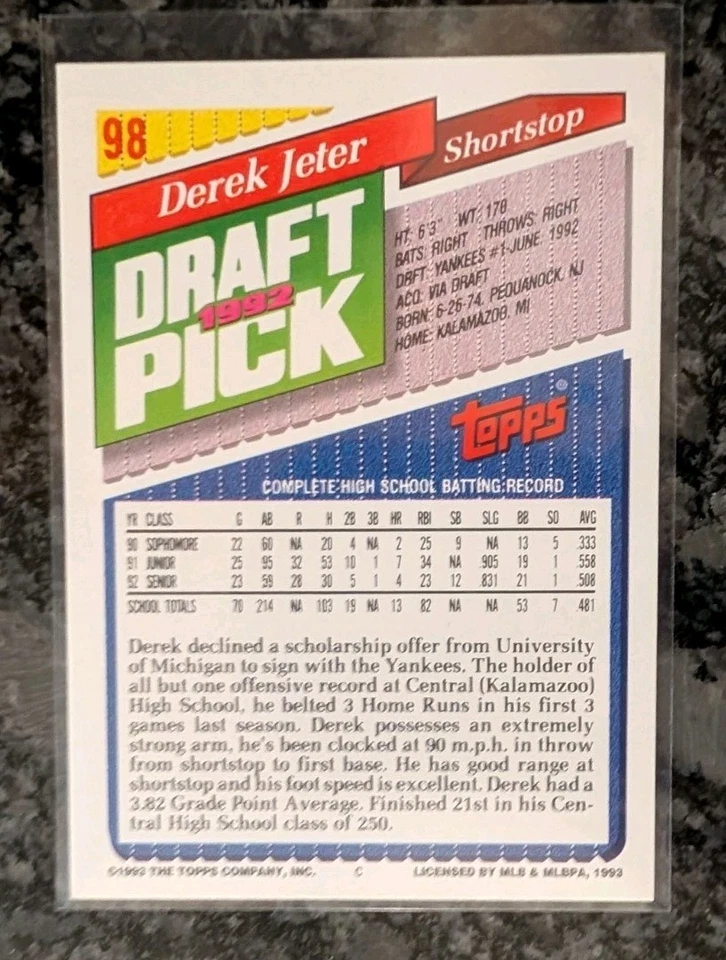 Juego completo de béisbol 1993 Topps cotejado a mano ~ tarjeta de novato Derek Jeter RC Foto 2 de 4