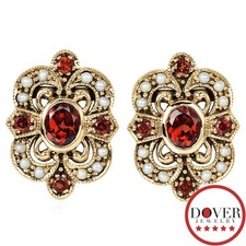 Estate Garnet Pearl 9K Yellow Gold Abstract Pave Stud Earrings 3.8 Gr NR