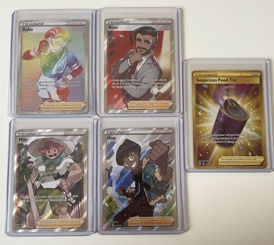 Pokemon Trainer Bundle Gold Full Art, Suspicious Food Tin, Hop, Milo, Kabu, Rose