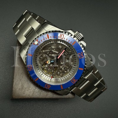 Custom Made Skeleton Watch Sub Style NH70 Auto Movement Blue/Orange Bezel Oyster