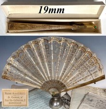 Antique c. 1900 French 19mm Hand Fan, Horn and Embroidered Sequins in Box