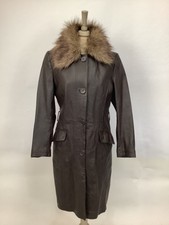 Nice Rare Vintage Ladies Leather Brown Long Coat, Size 12,belt Design,lined, Vgc