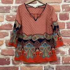 Francesca's Mi Ami Top Shirt Womens Large Red Multicolor Boho Paisley Popover