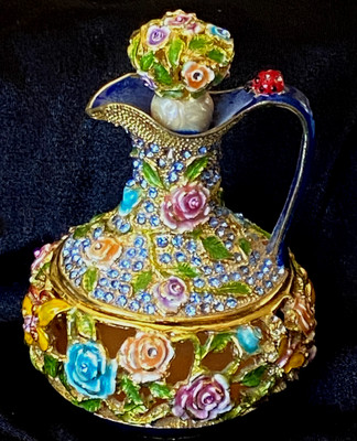 Flower & Butterfly Pitcher Jug Metal Enamel Trinket Box w/ Crystal Accents