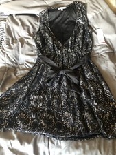 NY COLLECTION Lace Lined Black/Silver Short V-Neck Party Dress Size M
