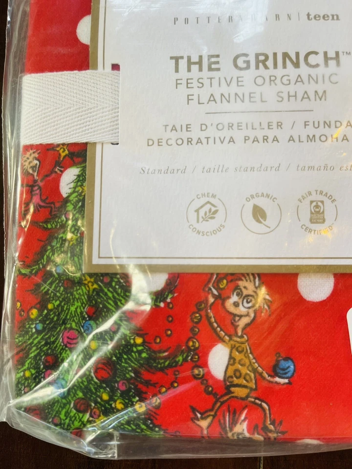 Almohada estándar Pottery Barn Teen The Grinch festiva de franela falsa NUEVA Navidad Foto 2 de 4