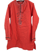 Indian Style Kurta Pajama Embroidery Bright Salmon Orange Handmade Tunic