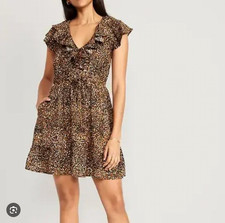 Old Navy Wild Spots Waist-Defined Ruffle-Trim Mini Dress Women Leopard Sz XXL
